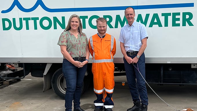 Project Employ graduate David with Dutton Stormwater CEO Ed Dutton and Tracey Hill