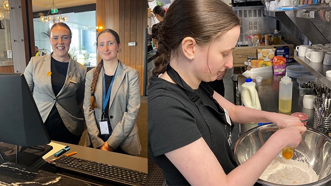 Project Employ graduate Olivia pictured working at Sudima Hotels and as a trainee at Flourish cafe