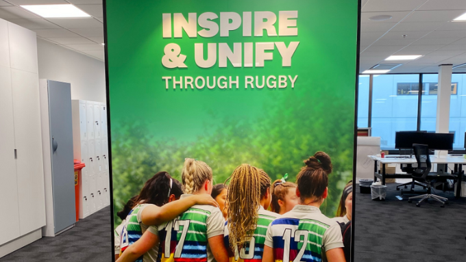 New Zealand Rugby pull up banner with the text inspire and unify through rugby