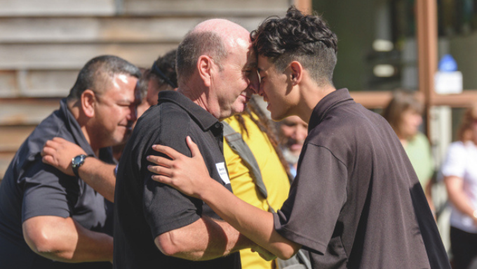 Two Plant and Food Research staff receiving a traditional hongi greeting at a marae Two Plant and Food Research staff receiving a traditional hongi greeting at a marae