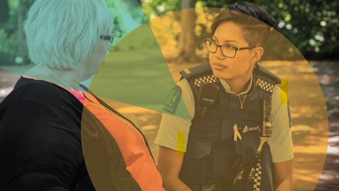 Policeman talking to woman who is side on to camera. Policeman talking to woman who is side on to camera.