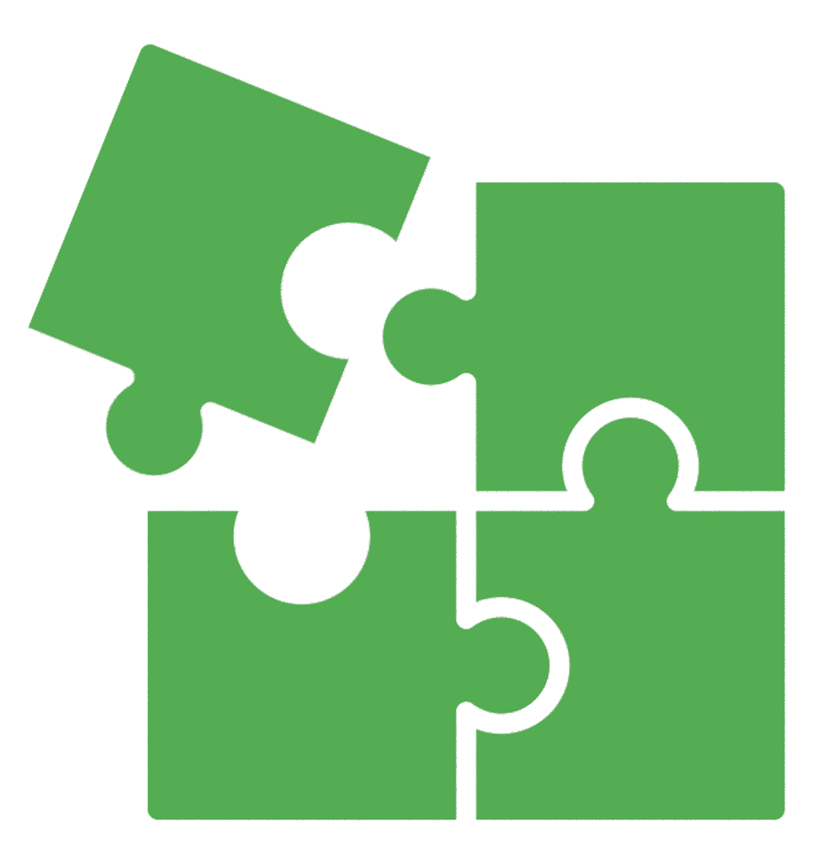 A green icon showing four-piece jigsaw puzzle with top left piece out of place A green icon showing four-piece jigsaw puzzle with top left piece out of place