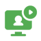 a green icon of a computer screen with a person and a play button a green icon of a computer screen with a person and a play button